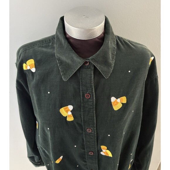 Quacker Factory Candy Corn Shirt 1X Green Corduroy Rhinestones Halloween Vtg ** - Picture 3 of 16